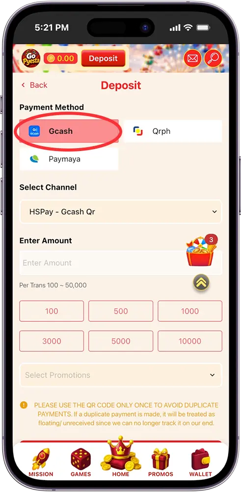 Go Pyesta GCash Deposit Choosing Your Payment Method