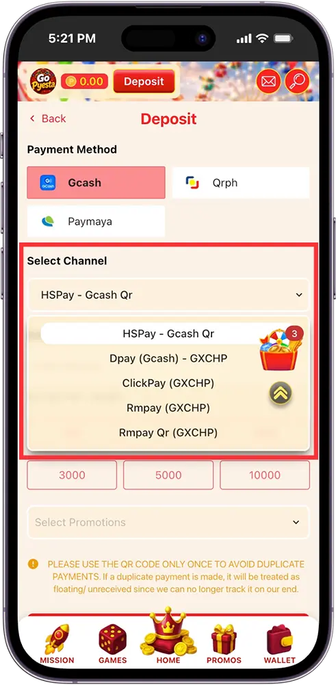 Go Pyesta GCash Deposit Selecting A Payment Channel