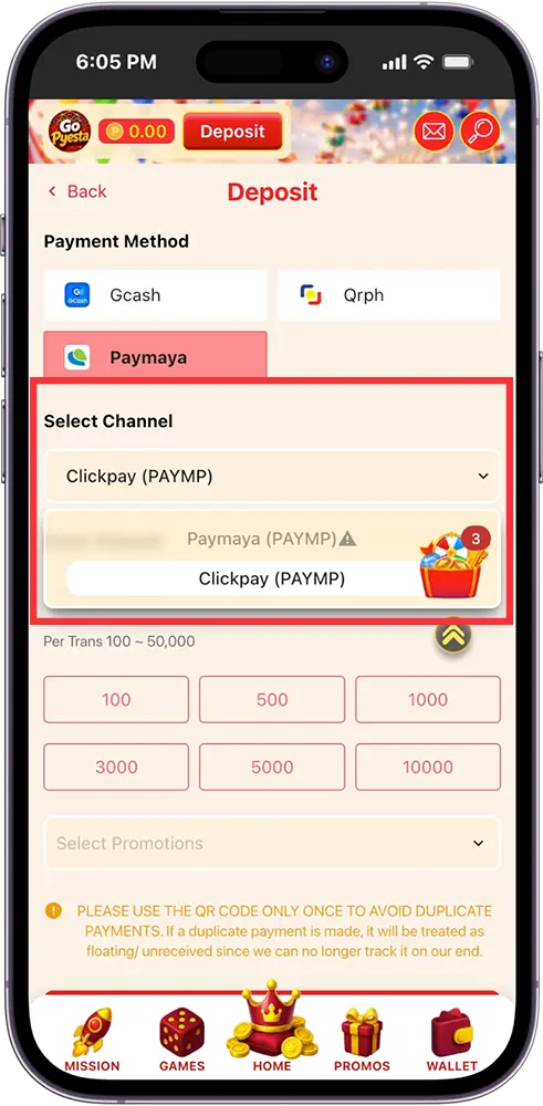Go Pyesta Maya Deposit Selecting A Payment Channel